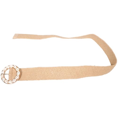 QianShi Women Bohemian Belt Handmade Braid Woven Boho Wide Elastic Waist Belt with Round Buckle and Shells Waistband for Vacation Outfits Summer Dresses Beach Party Decorations3