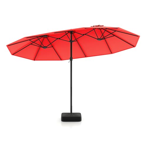 Image of Tangkula 15FT Double-Sided Patio Umbrella with Base, Extra-Large Market Umbrella W /Crank System, Outdoor Twin Umbrella W / 12-Rib Metal Structure & Air Vents for Garden, Backyard, Poolside