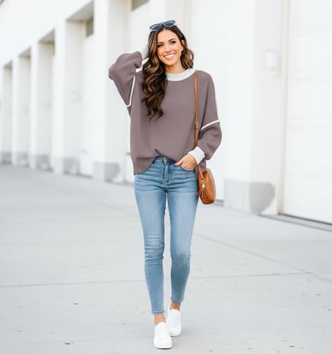 Image of Womens Oversized Sweaters Fall 2026 Fashion Clothes Colorblock Knit Tops | ETCYY Striped Sweaters For Women Trendy,Batwing Sleeve Oversized Sweater Pullover Tops,Cute,Spring Winter Fall Outfits