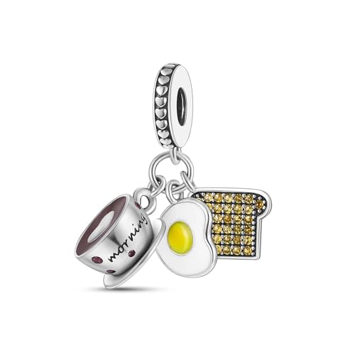 Breakfast Egg Toast Coffe Cup Dangle Charm, Sterling Silver Charm,