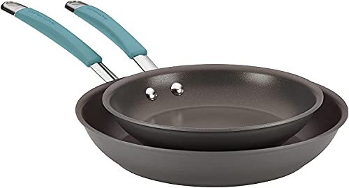Image of Rachael Ray 87643 Cucina Hard Anodized Nonstick Frying Pan Set / Fry Pan Set / Hard Anodized Skillet Set - 9.25 Inch and 11.5 Inch, Gray with Blue Handles