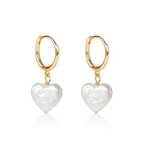 LILY LUSTRE 14k Gold Plated/Filled 925 Sterling Silver Handpicked AAAA Quality Natural White Freshwater Cultured Heart Shaped Pearl Huggie Hoop/Leverback Drop Dangle Earrings for Women
