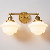 Teqinchy Vintage 2-Lights Wall Sconce Lights Brass Gold Bathroom Vanity Light with Milk Glass Double Sconce Wall Mounted Lamp for Bedroom Living Room Bathroom Mirror Kitchen Hallway Hardwire