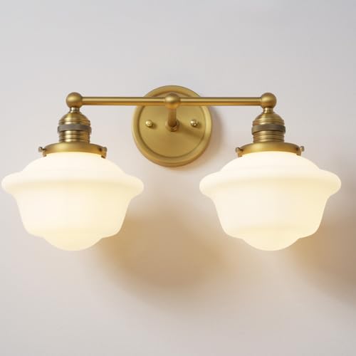 Teqinchy Vintage 2-Lights Wall Sconce Lights Brass Gold Bathroom Vanity Light with Milk Glass Double Sconce Wall Mounted Lamp for Bedroom Living Room Bathroom Mirror Kitchen Hallway Hardwire
