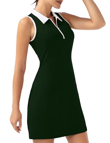 Fkeep Women'S Golf Tennis Dress Sport Activewear Zipper V-Neck With Shorts And Pocket Workout Athletic (Forest Green, Xl)