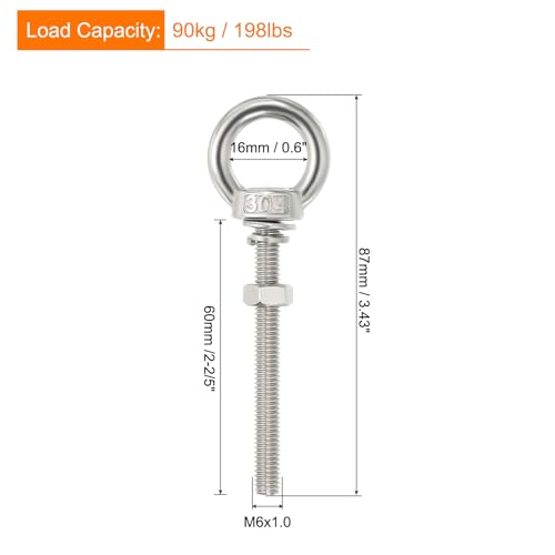 Image of uxcell M6x60 1 /4 inch x2-2 /5 Stainless Steel Eye Bolts Threaded Screw Eyebolt Shoulder Ring with Nuts Washers for Lifting Hanging, 10 Set