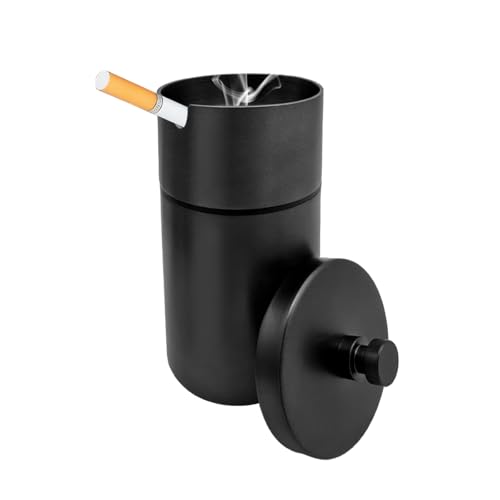 KVAEY Car Ashtray with Lid, Stainless Steel Durable Smokeless Smell Proof Ash Tray for Car Cup, Detachable Portable Windproof Extinguished Butt Bucket Ash Tray for Vehicle Home Office (Black, Large)