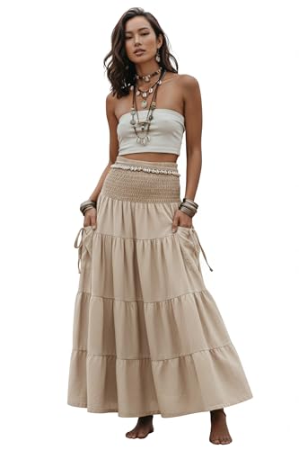 Thaluta Maxi Boho Skirt Long Pockets Cotton Hippie Bohemian Elastic Waist Gypsy Skirt Beige