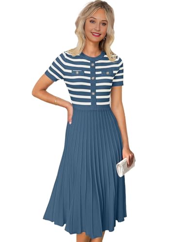 Women's Striped Knit Ribbed Wear to Work Dress, Short Sleeve Pleated A-Line Business Dress 2025
