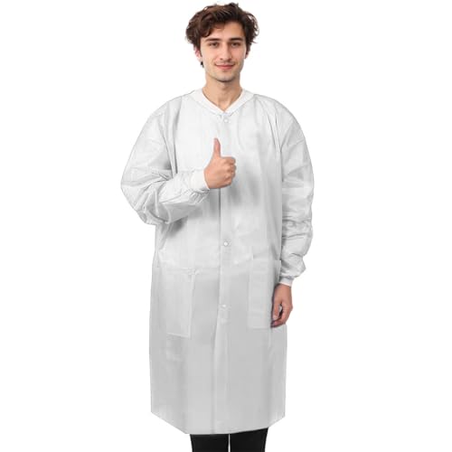 THQAE 1 Stück Einwegkittel Schutzkittel Polypropylen, Einwegkittel mit Kontaktverschluss, Atmungsaktiv, Einmalschutzkittel, Weiß