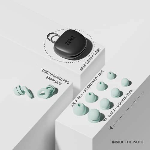 Image of Zenz Unwind Pro Ear Plugs for Sleeping, Soft Silicone Reusable Earplugs for Snoring, Yoga, Reading, Focus & Travel, 35dB Noise Reduction, 4 Sizes XS /S /M /L, Secure Fit with Case (Dew Mint, One Size)