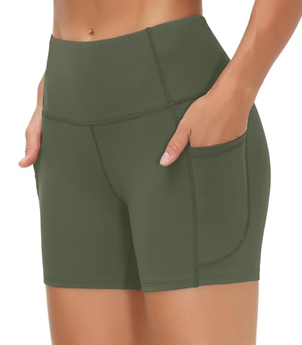 Image of THE GYM PEOPLE High Waist Yoga Shorts for Women's Tummy Control Fitness Athletic Workout Running Shorts with Deep Pockets