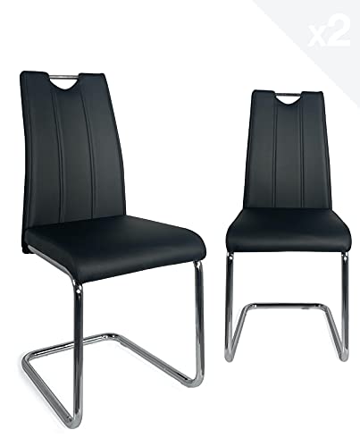 KAYELLES Lot de 2 Chaise de Salle à Manger Design Simili Cuir Pied Chrome Haut Dossier et poignée ABLA (Noir)