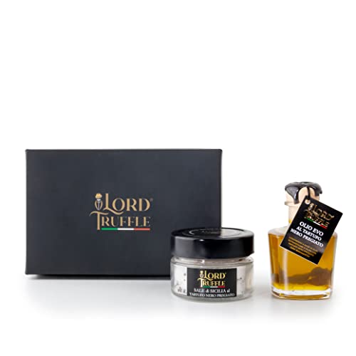 Lord Truffle | Luxus-Geschenkset: 1 italienisches EVO-Öl mit schwarzem Sommertrüffel 100 ml und 1 sizilianische Kochsalzlösung mit italienischem schwarzem Trüffel 120 g, 100 % italienische Qualität Cover