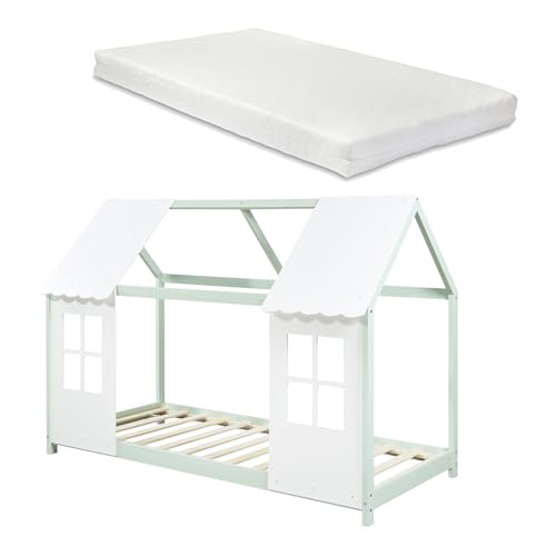 [en.casa] Kinderbett Tostedt mit Matratze Hausbett Jugendbett Bettenhaus Spielbett Halboffenes Design Montessori Bett aus massiver Kiefer Bettgestell Holz 90 x 200 cm Mintgrün/Weiß