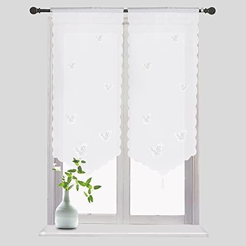 SMITHOOM 1 Panneau Rideau Transparent Voilages à Motif Papillons Pompons Décoratifs pour Cuisine Salle de Bains Petite Fenêtre Porte Blanc 60x120cm