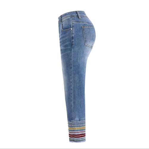 Cropped Jeans for Women,Women's Mid Waist Boyfriend Straight Leg Rise Stretchy Tribal Multicolor Stripe Embroidery Pants2