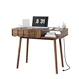 Mid-Century Modern Small Desk, 42.9' Walnut Writing Desk Computer Laptop Wood Desk with Drawer & Open Shelf Elegant Vanity Table Compact Home Office Desk for Study Bedroom Living Room-Walnut Finish