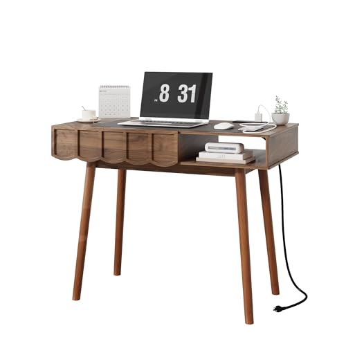 Pekdi Mid Century Modern Desk, Modern Home Office Writing Desk with Open Storage Cubby and Small Drawer for Bedroom, Small Space, Walnut