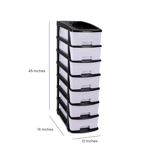 Image of Plastic Modular Drawer Storage Chest Of Drawers Organizer Storage Box, Large Stomo Racks For Multipurpose Anti-slip Shoes Organizers (White & Black, 7 Layer)