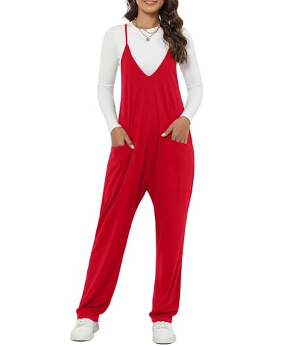 LILBETTER Womens Loose Casual V Neck Sleeveless Jumpsuits Adjustable Spaghetti Straps Long Pants Overalls With Pockets(Bright Red Medium)