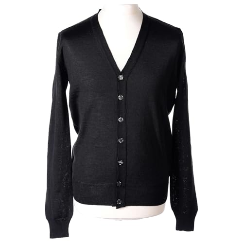 Clergy Button-Front Cardigan Black Plain Knit 50% Acrylic 50% Merino Wool in Primis, M