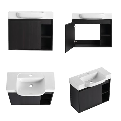 Image of 28 inch Bathroom Vanity with Ceramic Sink, Modern Wall-Mounted Bathroom Vanity with Soft-Close Door & 2 Open Storage Shelves, Farmhouse, Undermount Storage Cabinet, Easy to Clean, Dark Oak