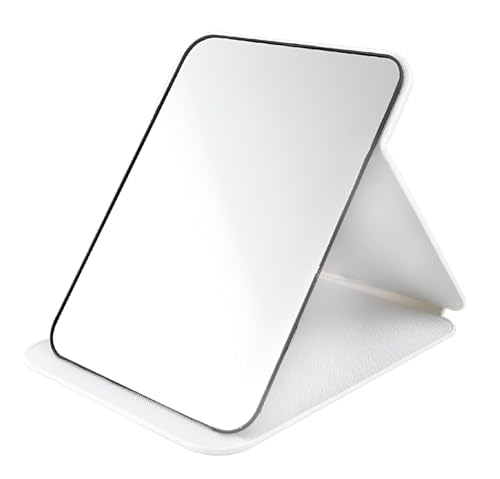 Image of Folding Portable Makeup Mirror with Adjustable Stand | HD Frameless Beveled Design | Travel-Friendly PU Leather Vanity Mirror for Desk, Dresser & Bathroom,Rectangular (White Round Edge Mirror)
