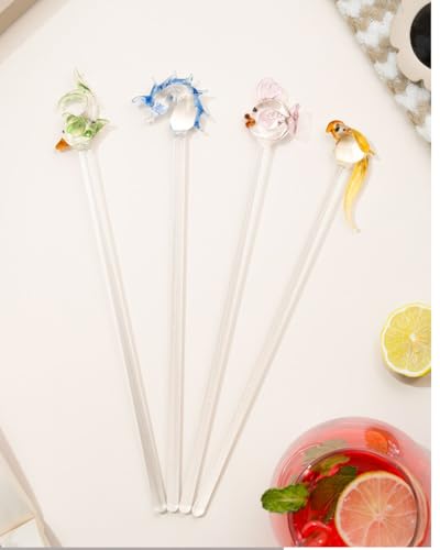 Image of Multi-Coloured 4 Piece Animals Shaped - Glass Drink Mixing Stirrer, Drink Mixer, Cocktail Accessories, Swizzle Stick Bar Stir Sticks, Reusable Coffee Stick, Parties & Gifts