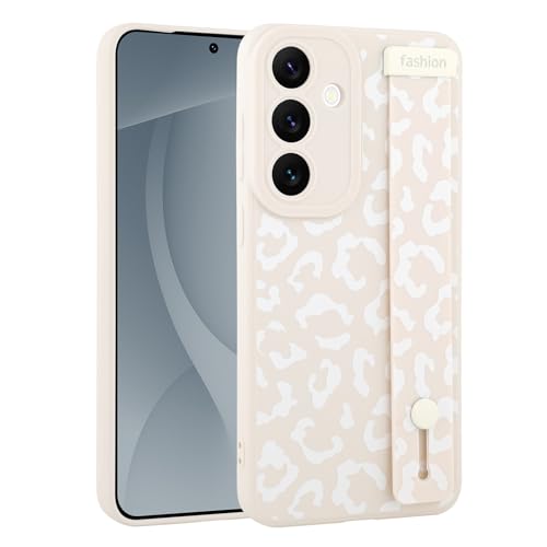 Image of Compatible with Samsung Galaxy S25 Case with Strap Wrist White | Cheetah Print Shockproof Soft TPU Protective Cover for Women Girls, Slim Anti Scratch Case 6.2 Inch, White
