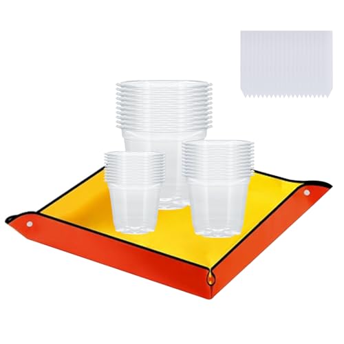 Lot de 30 pots de fleurs ronds en plastique transparent avec tapis de plantation, 9 cm, 10,5 cm, 12,5 cm, avec trous de drainage, 66 cm x 66 cm, tapis de rempotage avec 100 étiquettes végétales pour
