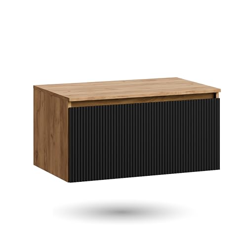 Planetmöbel Arisa Waschtisch ohne Waschbecken 80 cm Gold Eiche schwarz (geriffelt), Badmöbel für Gäste WC und Gäste-Bad