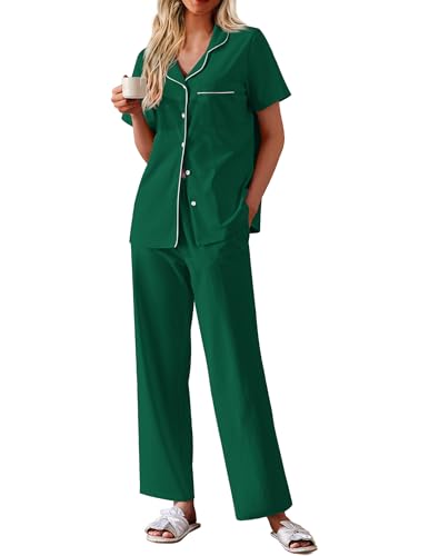 Image of Ekouaer Women's 100% Cotton Pajamas Set Short Sleeve Button Down Pjs 2 Piece Soft Sleepwear with Long Pants Lounge Set