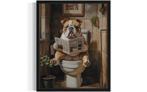 Image of Bulldog on Toilet Black Framed Wall Art Print Poster, Dog Bathroom Humor Decor Posters Prints for Restroom Home Picture Painting Artwork Gallery 7 (Bulldog, 18 x 24 inches, Black Frame)