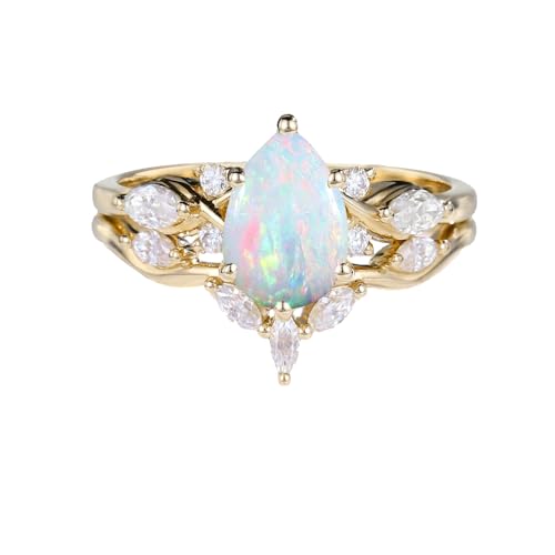 10K 14K 18K Solid Gold Pear Cut Gemstone Wedding Ring Sets with Moissanite 2pcs Gemstone Engagement Ring Set Bridal Ring Sets Promise Ring Sets for Women Free Engraved4