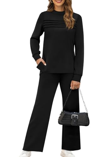 Image of WIHOLL Two Piece Sets for Women Fall Travel Vacation Outfits 2026 Long Sleeve Lounge Sets Side Slit Wide Leg Pants XS-3XL