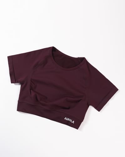 Image of AUROLA Influence Women Crop Top Short Sleeve Compression Workout T-Shirt | Raglan Short Sleeve Crop Top, High-Stretch Seamless Knit, Stay-Put Ribbed Underband, Soft Breathable Comfort