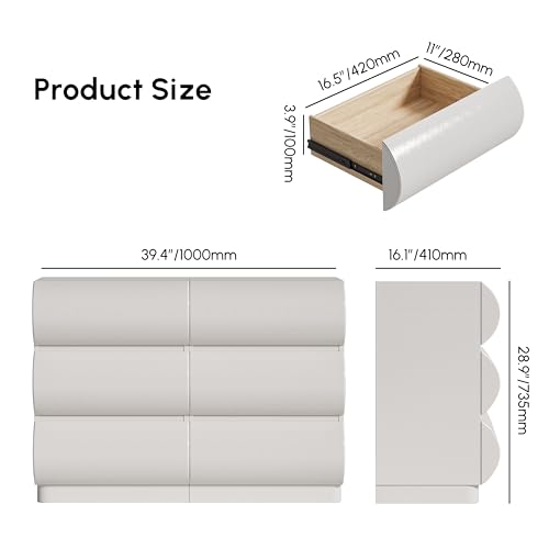 homary Modern 6 Drawers Dresser, 39.4" Wide Faux Leather Chest of Drawers with Modern Design, Storage Dressers Organizer for Bedroom Living Room Hallway, White