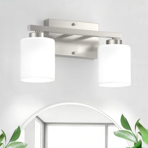 Honesorn Modern Vanity Lights - 2-Light Brushed Nickel Bathroom Mirror Lights with Frosted Shade & Anti-Rust Finish, E26 Wall Mounted