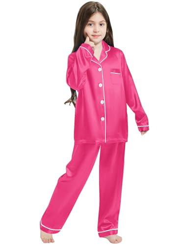 Image of Schbbbta Girls & Women Satin Pajamas Set, 2Piece Silk Nightwear Button-Down Sleepwear for Teen Kids, 3 Years - Women XXL
