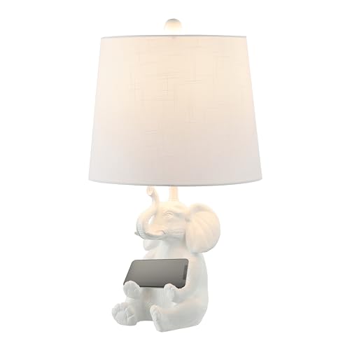 JONATHAN Y 21 White Happy Elephant Kids Table Lamp with Phone Stand Modern Animal Desk Lamp for Nursery Bedroom Playroom Decor Linen Shade LED Bulb Included JYL4060A