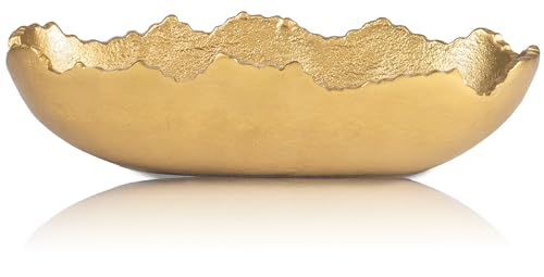 Red Co. 11.5” x 4.5” Elongated Oval Decorative Asymmetrical Torn Textured Metal Centerpiece Tray with Sculpted Edges, Old Gold