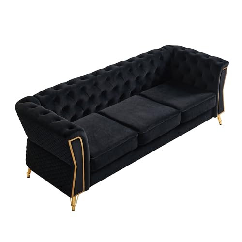 Image of KEIKI 87 inch Chesterfield Velvet Button Tufted Sofa with High Density Foam Cushions, Modern Style 3-Seater Couch with Gold Strip Trim Decoration, Easy Assembly, for Apartment, Living Room, Office, Black