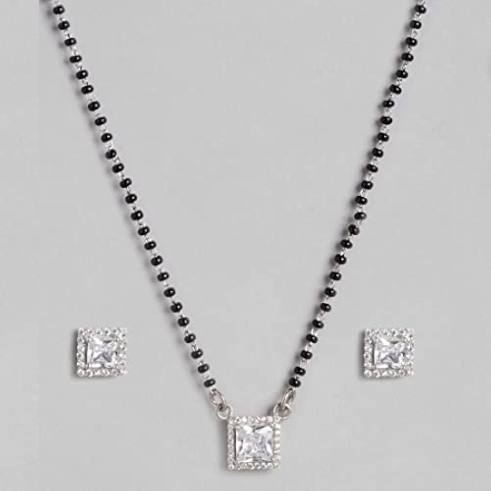 925 Sterling Silver Cubic Zirconia Mangalsutra Set with Stud Earrings