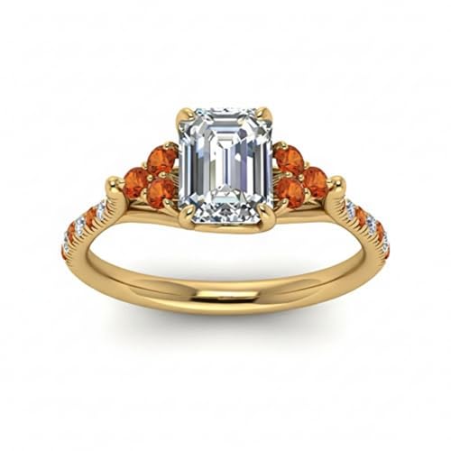 Image of Choose Your Gemstone Emerald Cut Petite Cathedral Diamond CZ Ring Yellow Gold Plated Emerald Shape Petite Engagement Rings for Women, Girls and Ladies US Size 4 to 12
