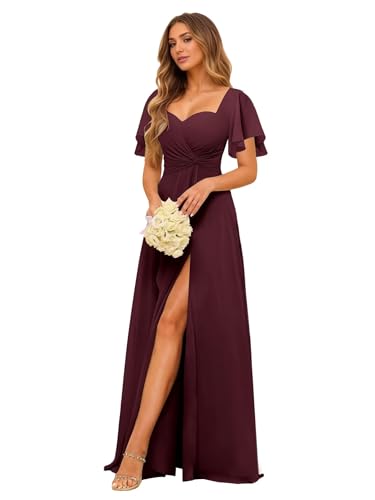 Women's Sweetheart Flutter Sleeves Bridesmaid Dresses with Slit A-line Short Sleeves Chiffon Formal Evening Dress