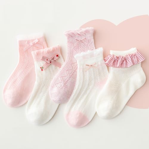 Image of Girls Socks Cute Lace Bow,Fun Crew Fashion Funny Novelty Soft Cotton Socks 5 Pairs