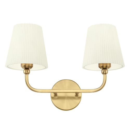 Image of 2-Light Gold Bathroom Vanity Light, Beige Pleated Fabric Shade | 17 inch 2-light gold double wall sconce with beige pleated fabric shades, E26 bulbs, hardwired, upward only, VL837-BG-Z-B-2