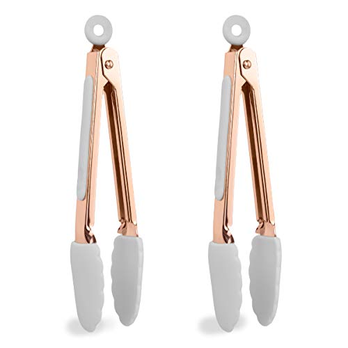 COOK with COLOR Tongs for Cooking Stainless Steel and Silicone Set of Two 6” Rose Gold MINI Nonstick Kitchen Tongs with Silicone Tips Small Tongs Appetizer Tongs Sugar Tongs Salad Tongs White