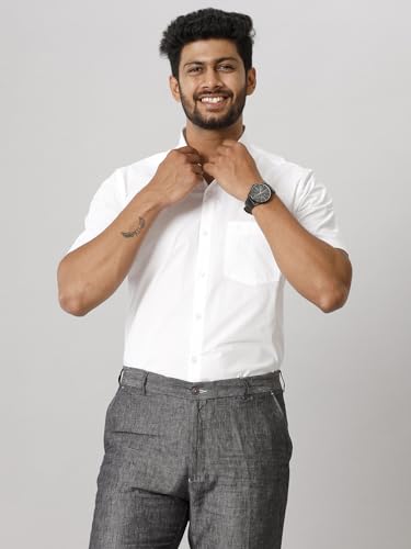 Image of RAMRAJ COTTON Men White Half Sleeve Shirt Crafted For Comfort| Durability| And Timeless Everyday Style